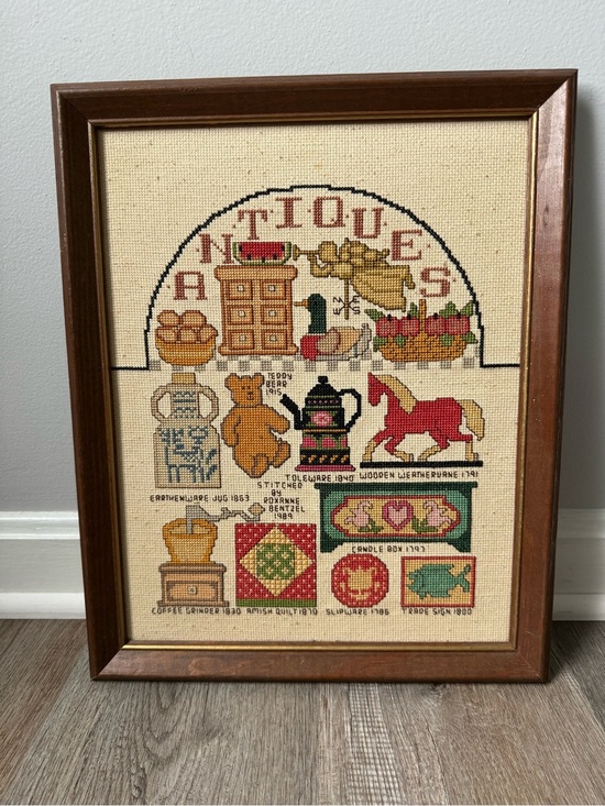 American Vintage Other - VTG Suzanne Mather Framed Cross Stitch Antique Motif Sampler 1988 Duck Animals